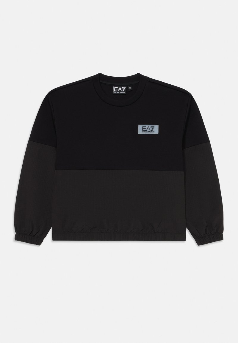 Sweatshirt preto de mangas longas com um painel escuro em contraste, punhos elásticos, decote redondo e um logótipo retangular EA7 no peito.