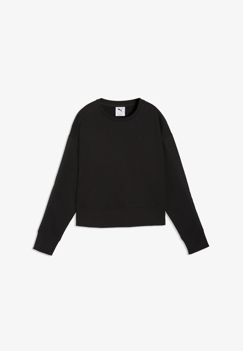 Sweat-shirt noir à col ras du cou avec manches longues, coupe décontractée, poignets et ourlet côtelés, et logo Puma discret sur la poitrine.