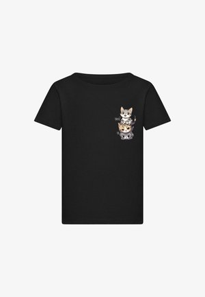 T-shirt en coton noir avec trois chats en cartoon empilés verticalement et le texte "Hey !" en blanc. Manches courtes et design col rond.