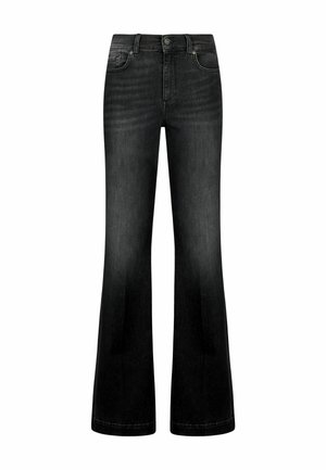 Jeans svasati in denim nero con un classico design a cinque tasche, caratterizzati da una chiusura a bottone e cuciture a contrasto lungo le cuciture.