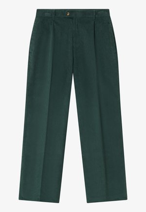 Πράσινες κοτλέ παντελόνες σε χαλαρή γραμμή, με πτυχές μπροστά, κλείσιμο με κουμπί και πλαϊνές τσέπες.