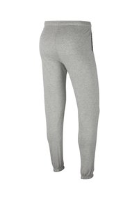 Šedé tepláky z měkké látky s žebrovaným pasem a manžetami. Boční panely přidávají kontrastní detail.