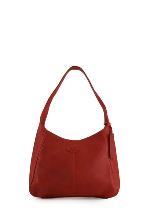 Rote Leder-Umhängetasche mit kurzem Griff, glatter Textur, vorne markiert mit "Venezia" und einem angebrachten Lederanhänger an der Seite.