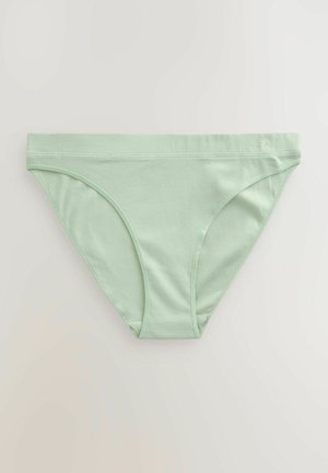 Mėtų žalios spalvos raštuotos bikini kelnaitės su lygiu juosmeniu ir plonomis šoninėmis juostelėmis, priekyje baltai siuvinėtu prekės ženklu "NEXT".