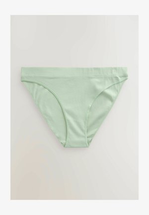 Bikini gaćice u mint zelenoj boji sa rebrastim uzorkom, glatkim pojasom i tankim bočnim trakama, s brendom "NEXT" ušivenim u bijelo sprijeda.