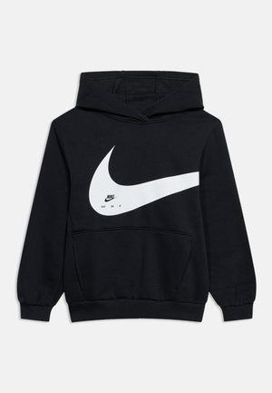 Felpa con cappuccio nera con grande logo Nike bianco e testo "Nike Just Do It" sul davanti, con maniche lunghe e tasca frontale a marsupio.