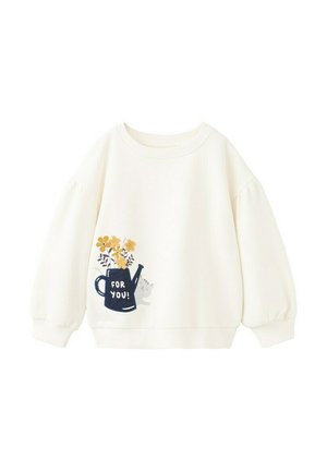 Sweat-shirt à manches longues crème avec un motif d'arrosoir bleu marine et de fleurs jaunes, texte "POUR TOI !", et un petit chat gris qui regarde depuis derrière.
