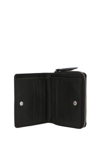 Black leather wallet with a zip closure, featuring multiple card slots and a smooth texture. Silver-tone hardware provides durability.