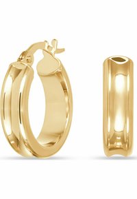 Orecchini a cerchio color oro con finitura lucida, caratterizzati da un design elegante e arrotondato e una chiusura sicura. Texture liscia e profilo semplice.