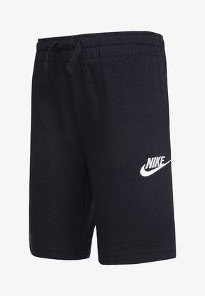 Sorte bomullsshorts med elastisk midje og snor, med en hvit Nike-logo på venstre side. Myk tekstur, tilfeldig design.