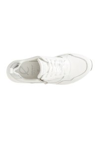 White athletic sneaker with leather and synthetic materials, featuring a lace-up front, silver accents, and a zip closure on the side.