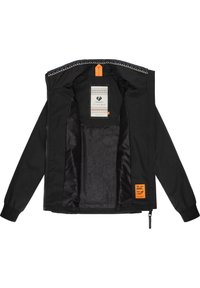 Juodas švarkas su oranžine etikete, raštuota vidinė pamušalas ir užtrauktukas. Yra gobtuvas ir elastingi rankogaliai, užtikrinantys tvirtą prigludimą.