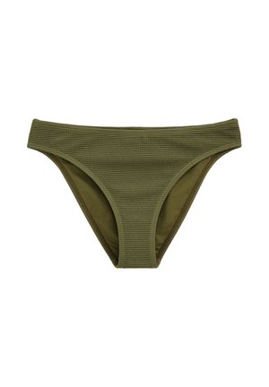 Bas de bikini vert olive texturé avec une coupe classique et des bords sans coutures sur un fond blanc.
