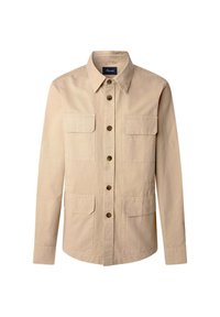 Beige Baumwollhemdjacke mit langen Ärmeln, Knopfverschluss und vier aufgesetzten Taschen. Sie hat einen spitzen Kragen und braune Knöpfe.