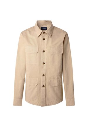 Beige katoenen shirtjack met lange mouwen, knoopsluiting aan de voorkant en vier opgestikte zakken. Heeft een puntige kraag en bruine knopen.
