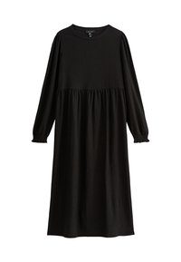 Schwarzes Langarmkleid aus strukturiertem Stoff, mit rundem Ausschnitt und gerafftem Taillenbereich für eine fließende Silhouette.