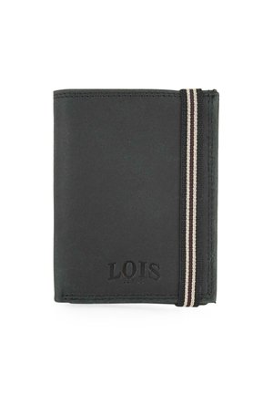 Billetera de cuero negra con el logo "LOIS" en relieve, que presenta una cinta elástica a rayas en el lado y un diseño limpio y minimalista.