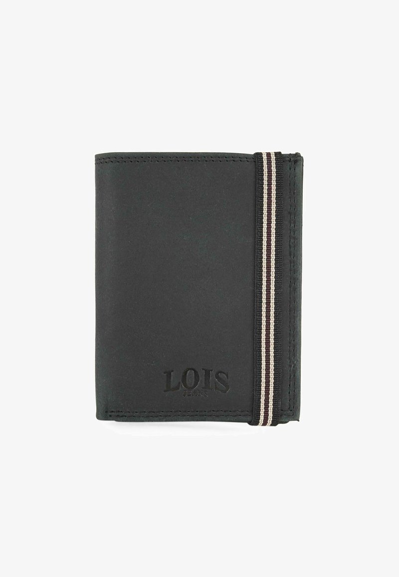 Billetera de cuero negra con el logo "LOIS" en relieve, que presenta una cinta elástica a rayas en el lado y un diseño limpio y minimalista.