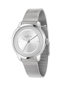 Orologio con cinturino in rete argentata, cassa rotonda, quadrante argentato testurizzato, indicatori minimalisti e dettagli in cristallo attorno alla lunetta.