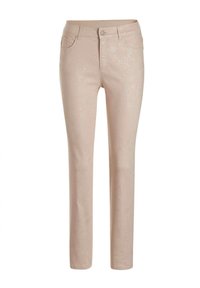 Helle rosa Jeans mit einem dezenten Blumenmuster, ausgestattet mit einem mittelhohen Bund, klassischem Fünf-Taschen-Design und geradem Bein.