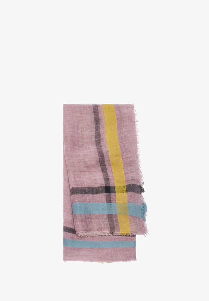 Jasnofioletowy szalik z żółtymi, niebieskimi i ciemnoszarymi pionowymi oraz poziomymi paskami, złożony z postrzępionymi brzegami na białym tle.