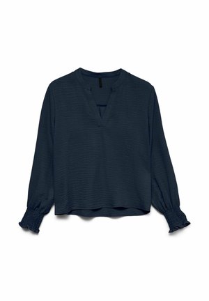 Blouse bleu marine à manches longues avec décolleté en V, coupe décontractée et poignets élastiques froncés avec de petites volants.