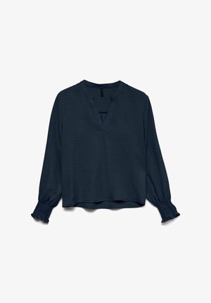 Blouse bleu marine à manches longues avec décolleté en V, coupe décontractée et poignets élastiques froncés avec de petites volants.