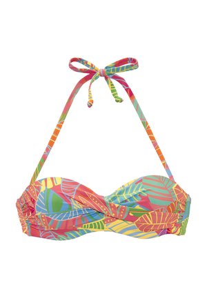 Buntes Bikinioberteil mit tropischen Blattmustern in Orange, Gelb, Grün und Blau, mit Neckholder und gerafften Seiten.