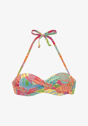 Colorful bikini top with tropical leaf patterns in orange, yellow, green, and blue, featuring a halter neck tie and ruched sides.