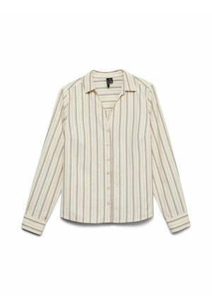 Koszula z guzikami, w pionowe paski w kolorze kremowym i jasnobrązowym. Wykonana z lekkiej tkaniny, z kołnierzykiem i długimi rękawami.