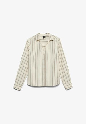Koszula z guzikami, w pionowe paski w kolorze kremowym i jasnobrązowym. Wykonana z lekkiej tkaniny, z kołnierzykiem i długimi rękawami.
