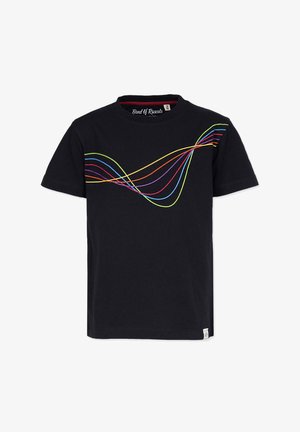 Musta puuvillapaita, jossa on värikkäitä aaltoja purppurassa, sinisessä, oranssissa ja vihreässä edessä. Lyhyet hihat, pyöreä kaula-aukko.