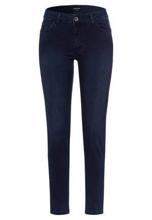 Dunkelblaue Jeans aus Denim mit schlanker Passform, Fünf-Taschen-Design und Knopfverschluss. Merkmale sind dezente Nähte und eine glatte Textur.
