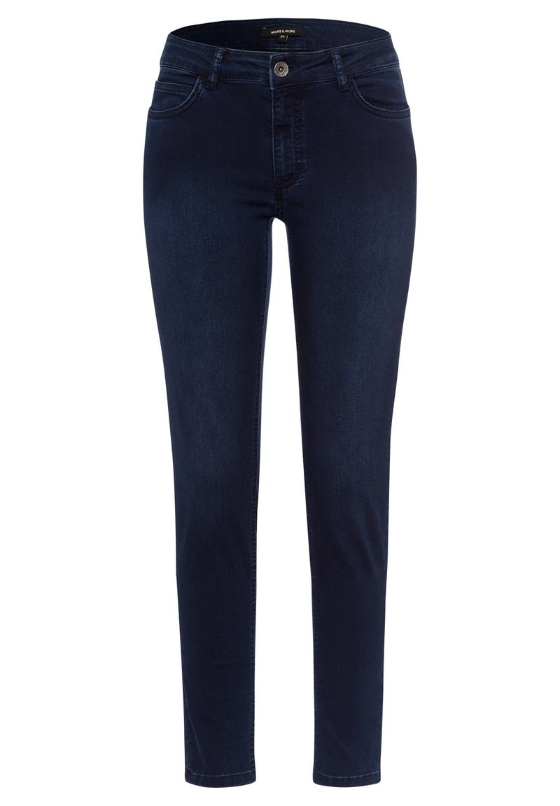 Jeans de mezclilla azul oscuro con corte ajustado, diseño de cinco bolsillos y cierre de botón. Presentan costuras sutiles y una textura suave.