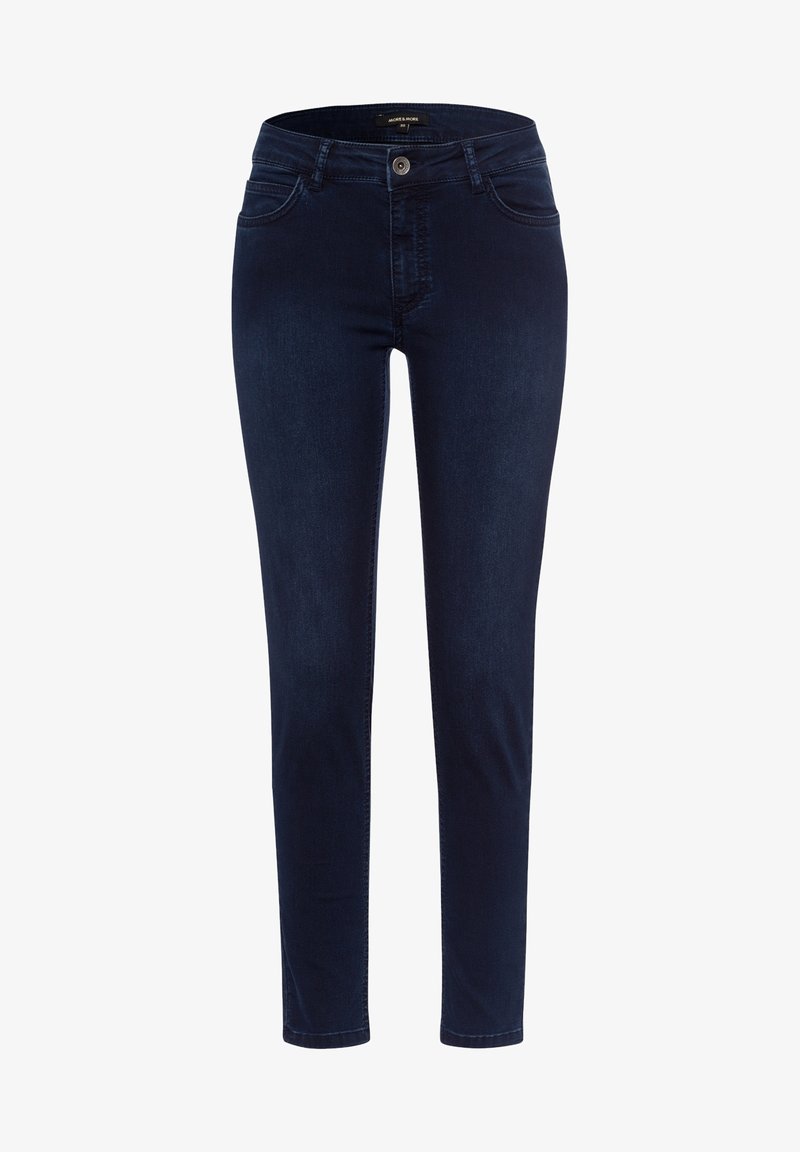 Jeans de mezclilla azul oscuro con corte ajustado, diseño de cinco bolsillos y cierre de botón. Presentan costuras sutiles y una textura suave.