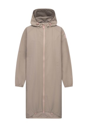 Impermeabile lungo beige con cappuccio, zip frontale, polsini elasticizzati, due tasche laterali e coulisse regolabili sull'orlo.