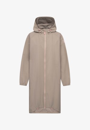 Lange beige regenjas met capuchon, ritssluiting aan de voorkant, elastische manchetten, twee zijzakken en verstelbare zoomkoorden.