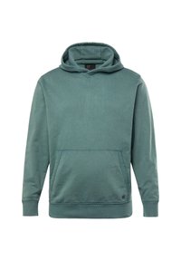 Sudadera con capucha en un verde teal suave, hecha de un tejido blando. Presenta un bolsillo frontal tipo canguro y puños y dobladillo acanalados. Diseño sencillo.