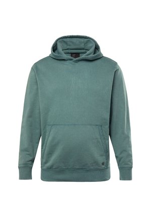 Sudadera con capucha en un verde teal suave, hecha de un tejido blando. Presenta un bolsillo frontal tipo canguro y puños y dobladillo acanalados. Diseño sencillo.