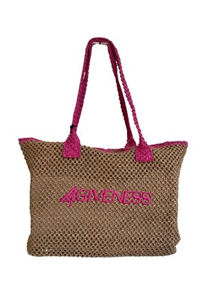 Borsa tote marrone intrecciata con manici rosa e "4GIVENESS" ricamato in rosa sul davanti.