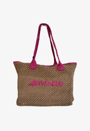 Borsa tote marrone intrecciata con manici rosa e "4GIVENESS" ricamato in rosa sul davanti.