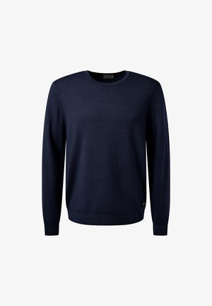 Navy blue pullover sweater made of soft material, featuring a round neckline, ribbed cuffs, and a straight hem with a subtle logo detail.