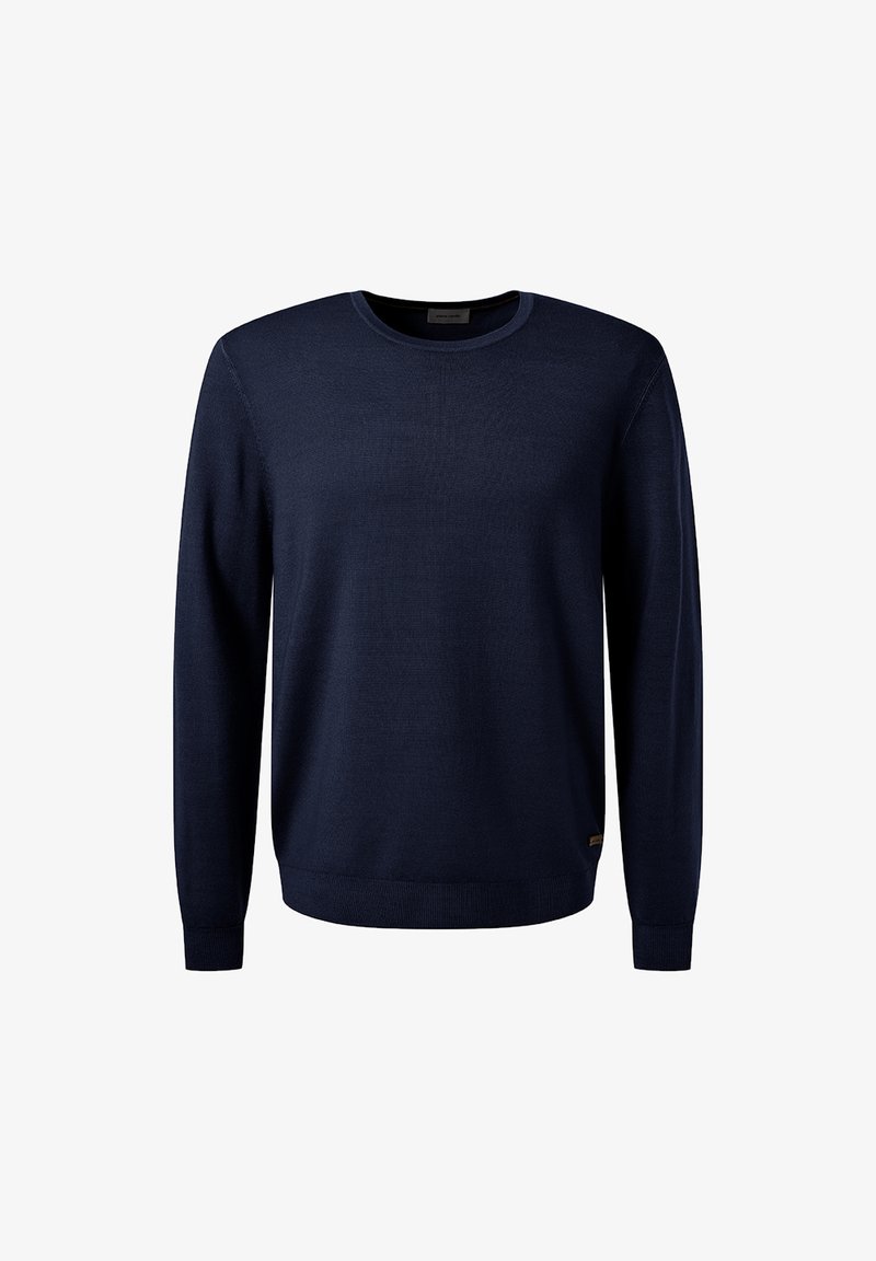 Navyblauwe pullover trui van zacht materiaal, met een ronde halslijn, geribde manchetten en een rechte zoom met een subtiele logodetail.