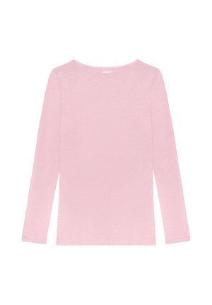 Hellrosa langärmeliges Shirt mit rundem Ausschnitt, flach auf einem weißen Hintergrund präsentiert.