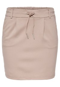 Jupe beige clair en tissu tissé, avec une taille à cordon, des plis sur le devant et une silhouette ajustée.