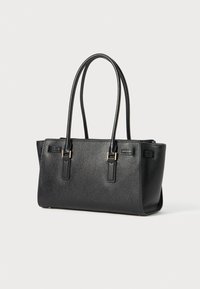Black leather tote bag with two handles, rectangular shape, textured surface, gold hardware accents, and side slip pockets for storage.