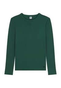 Langarm-T-Shirt in dunkelgrün, aus weicher Baumwolle, mit rundem Halsausschnitt und kleinem Logo in der unteren linken Ecke.