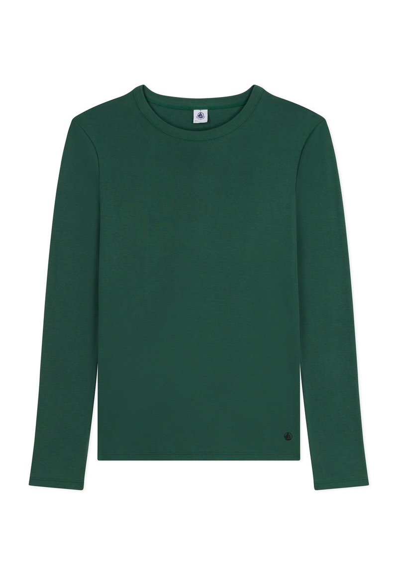 Langarm-T-Shirt in dunkelgrün, aus weicher Baumwolle, mit rundem Halsausschnitt und kleinem Logo in der unteren linken Ecke.