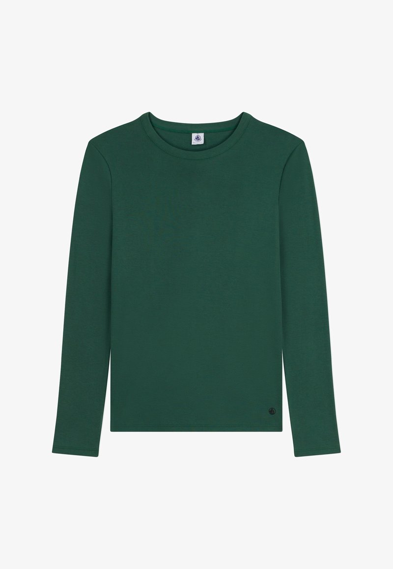 Langarm-T-Shirt in dunkelgrün, aus weicher Baumwolle, mit rundem Halsausschnitt und kleinem Logo in der unteren linken Ecke.