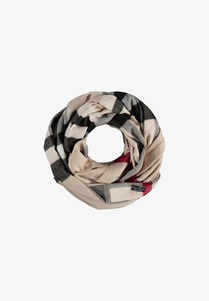 Écharpe circulaire en tissu doux à carreaux beige, noir, gris et rouge, avec une petite étiquette noire portant l'inscription « FRAS ».